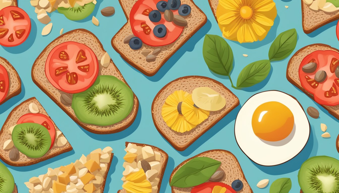 A slice of whole grain toast topped with sunflower seed spread and tomato slices, surrounded by a variety of other diabetic-friendly breakfast toppings