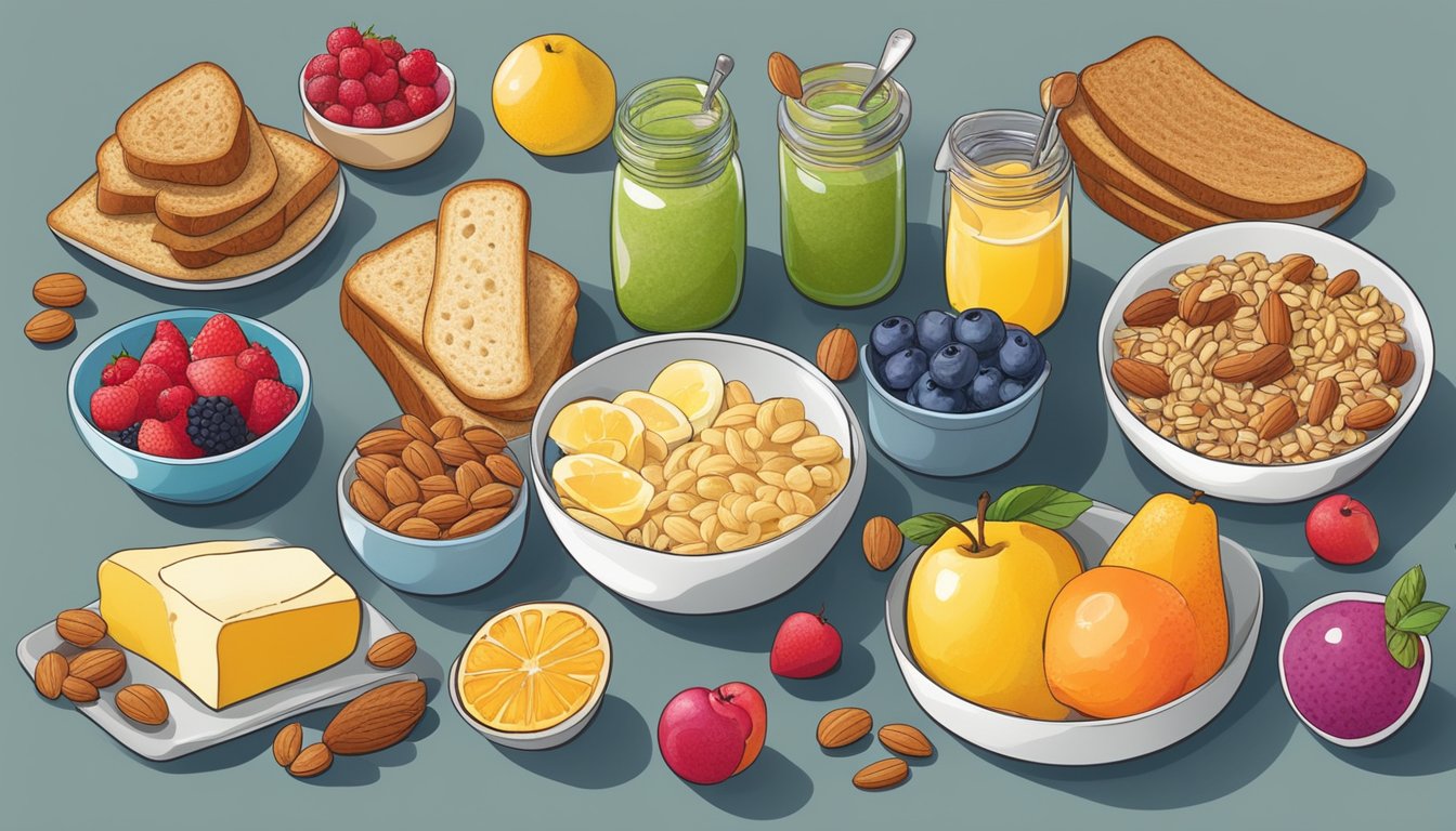 A colorful array of fresh fruits, nuts, and spreads arranged on a breakfast table, with a variety of whole grain toasts ready to be topped