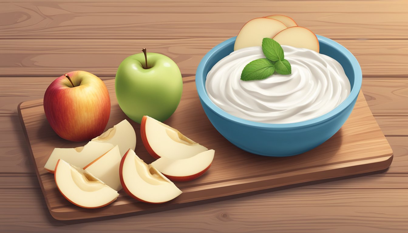 A bowl of Greek yogurt dip surrounded by neatly arranged apple slices on a wooden cutting board