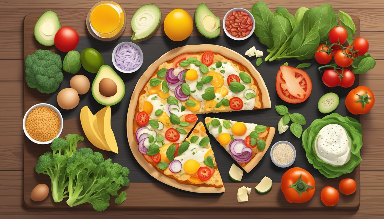 A colorful spread of diabetic-friendly breakfast pizza ingredients, including whole grain crust, fresh vegetables, lean proteins, and low-fat cheese, arranged on a wooden cutting board