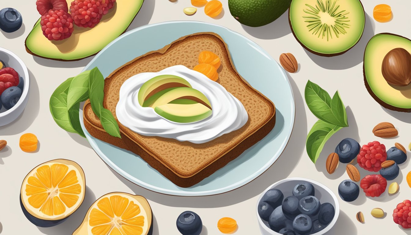 A plate of whole grain toast topped with Greek yogurt and sliced avocado, surrounded by various fruits and nuts