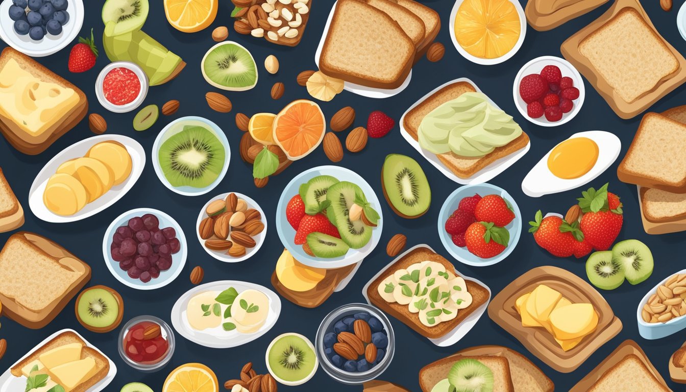 A table with a variety of toast toppings, including fresh fruits, nuts, and spreads, arranged neatly on small plates