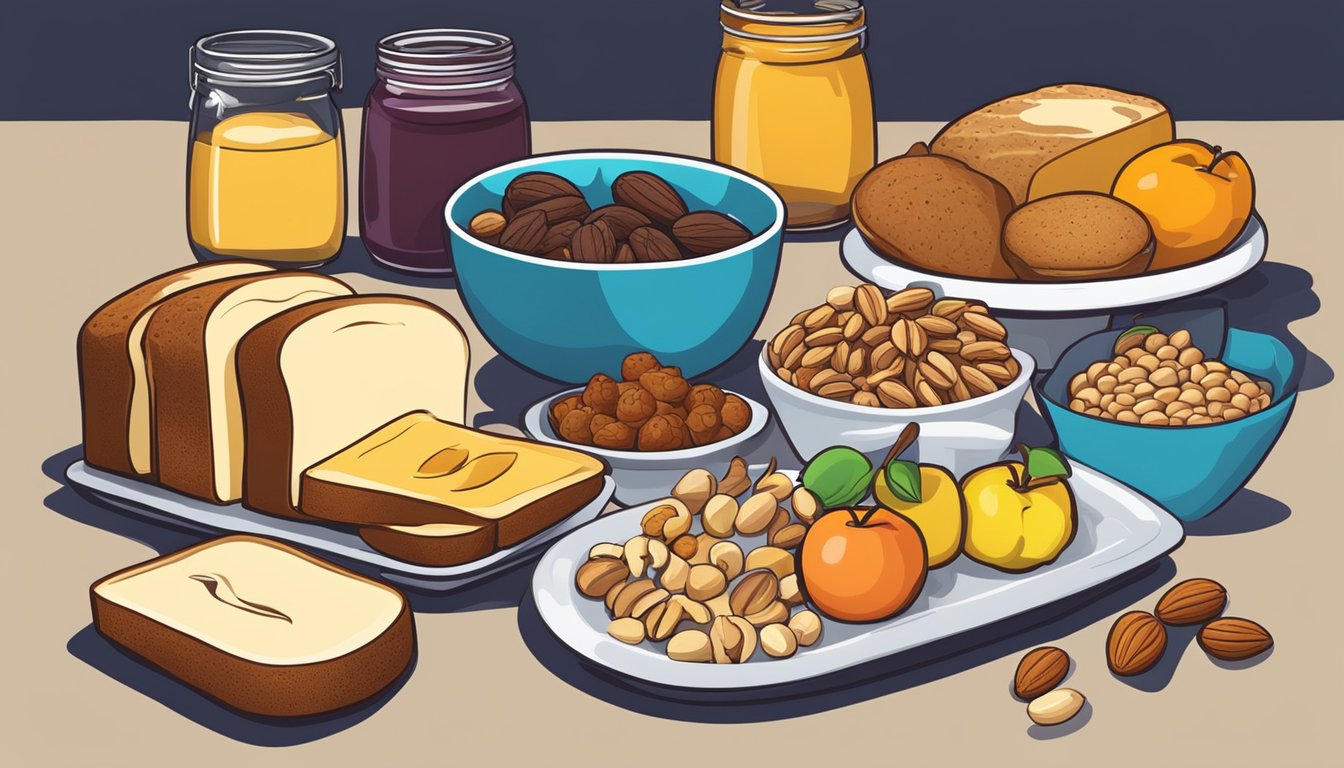 A colorful array of various fruits, nuts, and spreads arranged on a table next to a toaster and slices of whole grain bread