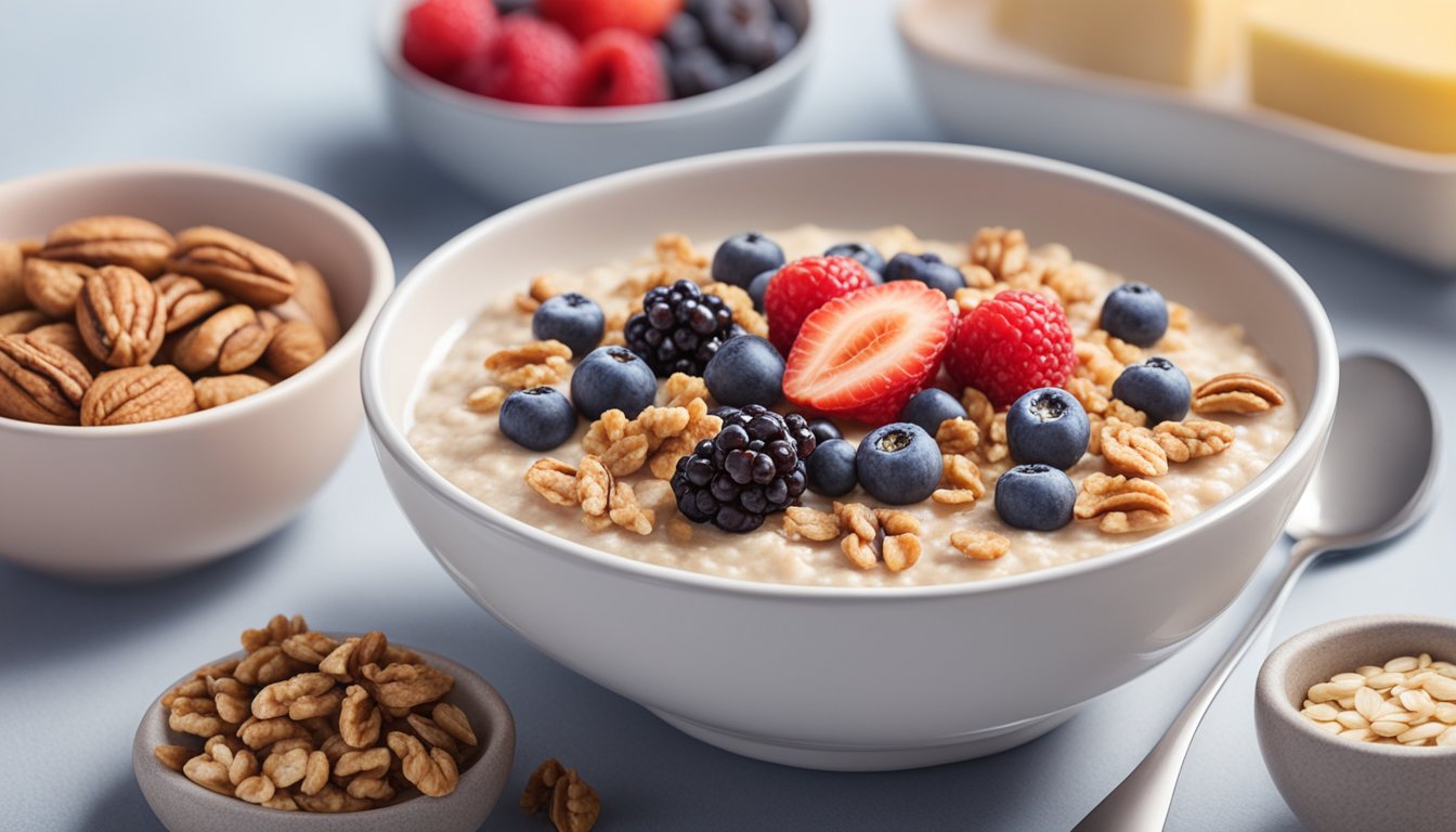 A bowl of oatmeal topped with walnuts and berries, surrounded by other diabetic-friendly breakfast options