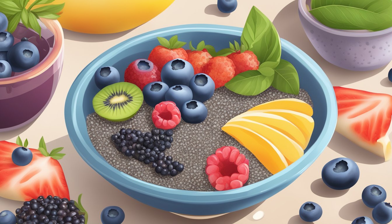 A colorful bowl filled with blueberries, chia seeds, and assorted fruits, surrounded by a variety of diabetic-friendly breakfast smoothie ingredients