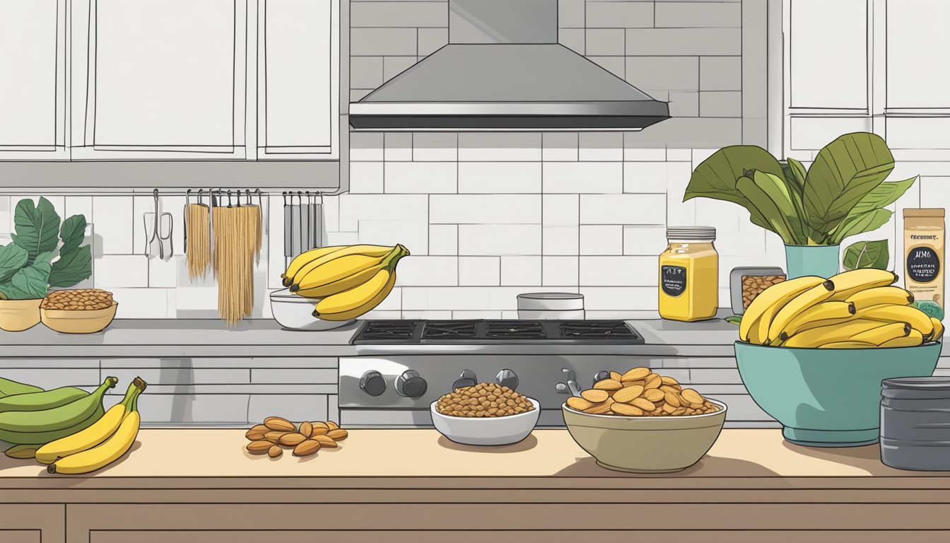 A colorful array of fresh bananas, almond butter, and whole wheat wraps arranged on a clean, modern kitchen counter