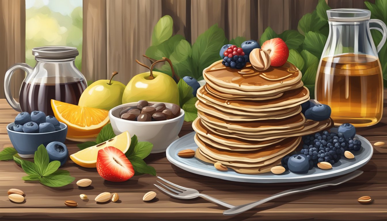 A stack of buckwheat pancakes drizzled with maple syrup, surrounded by fresh fruits and nuts on a rustic wooden table