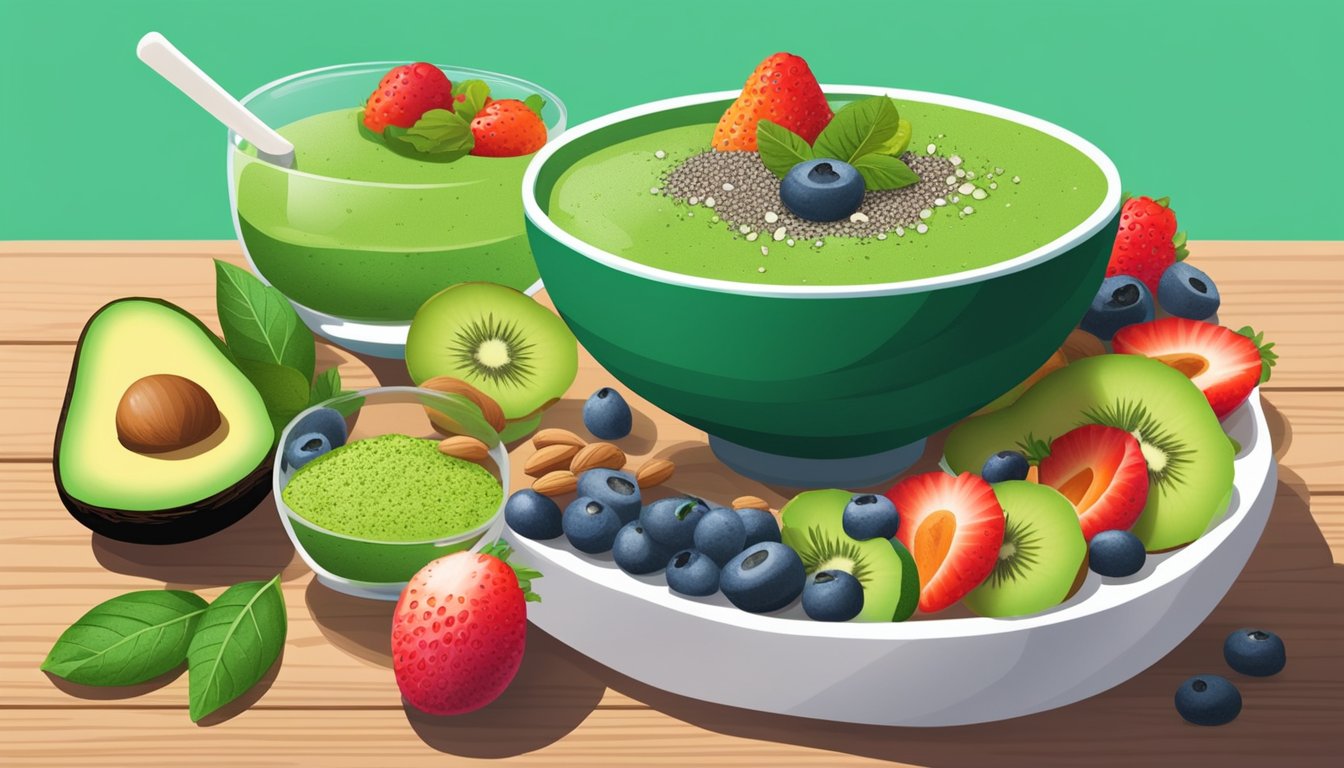 A vibrant green smoothie bowl topped with sliced avocado, chia seeds, and matcha powder, surrounded by fresh fruits and nuts on a wooden table