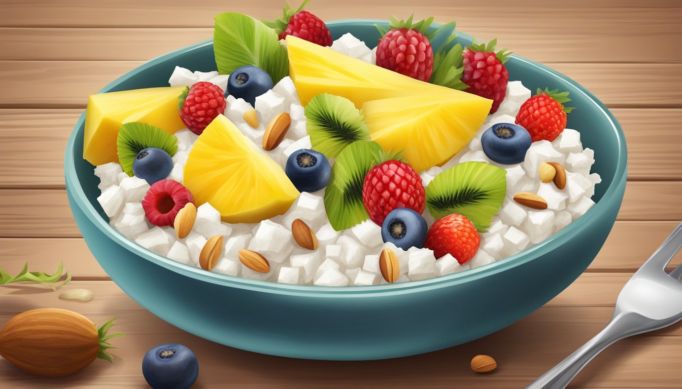 A bowl of cottage cheese topped with pineapple, surrounded by a variety of colorful fruits and nuts on a wooden table