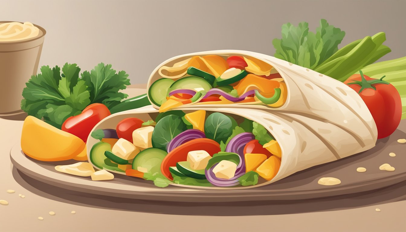 A colorful array of fresh vegetables and a creamy scoop of hummus are being wrapped together in a soft tortilla