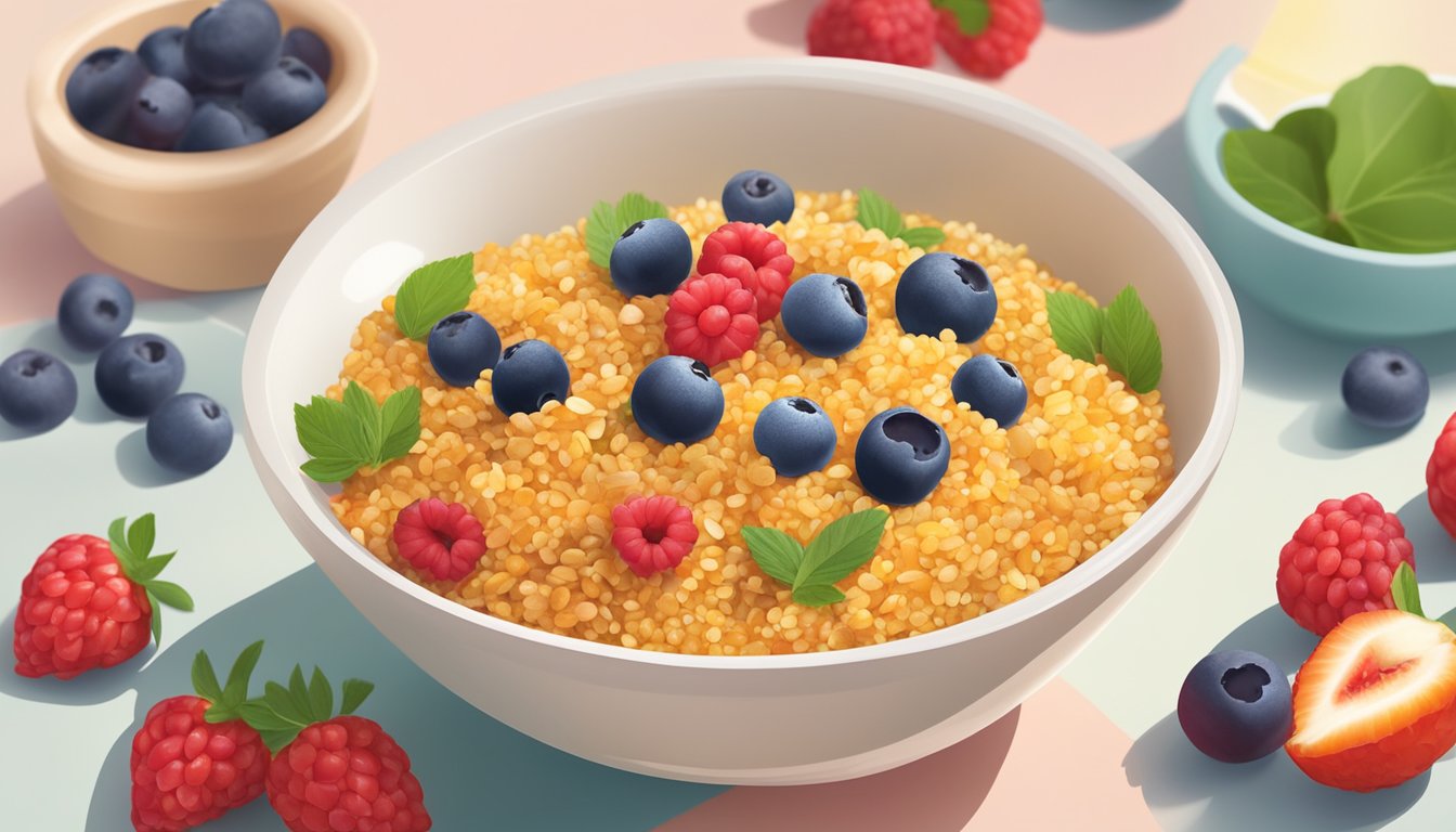 A colorful bowl filled with bulgur wheat, mixed berries, and other diabetic-friendly breakfast ingredients, set against a bright and inviting backdrop