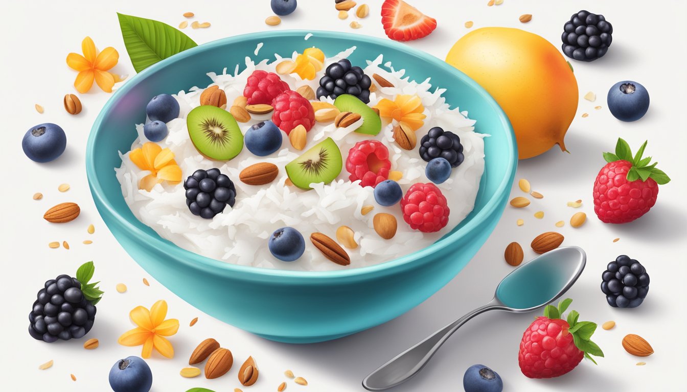 A vibrant bowl filled with coconut yogurt, fresh berries, and a sprinkle of shredded coconut, surrounded by colorful fruit and nuts