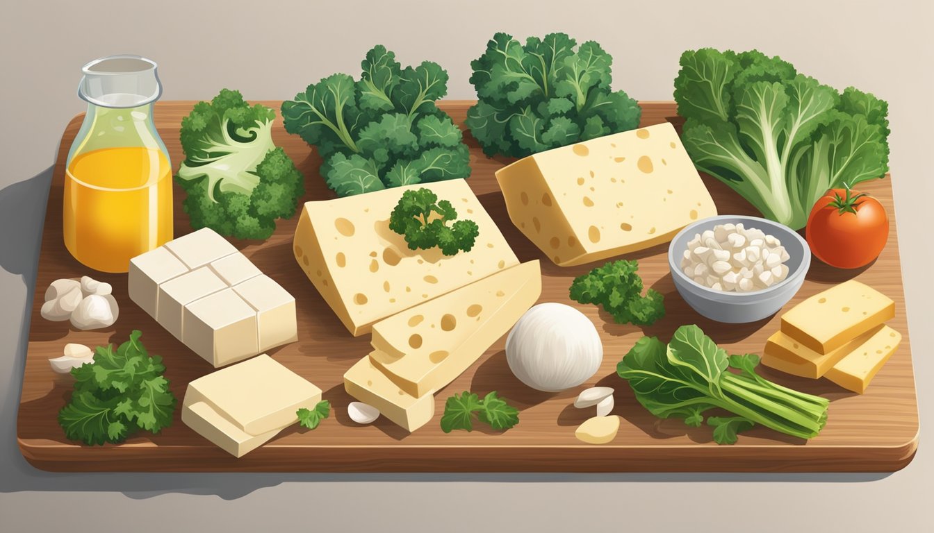 A colorful array of fresh tofu, kale, and other healthy ingredients arranged on a wooden cutting board, ready to be assembled into a delicious and nutritious breakfast wrap