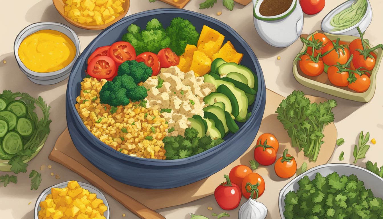 A colorful bowl filled with tofu scramble and assorted veggies, surrounded by fresh ingredients and a vibrant backdrop