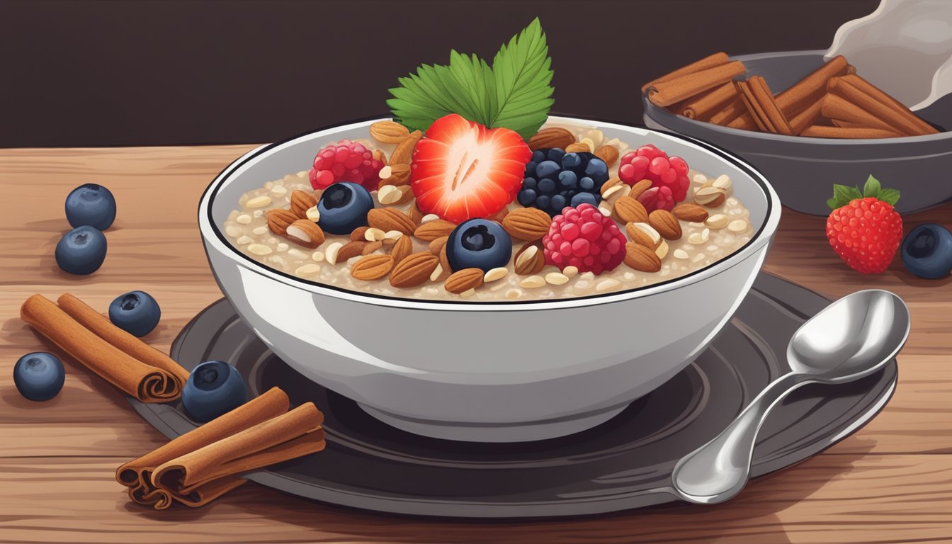 A steaming bowl of cinnamon-spiced farro porridge topped with fresh berries and nuts sits on a rustic wooden table