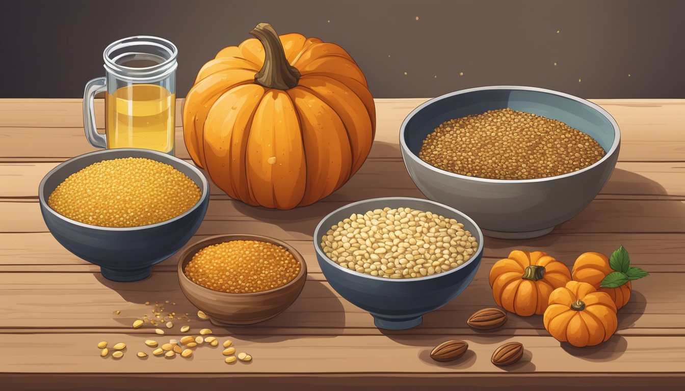 A rustic wooden table with a bowl filled with millet and pumpkin topped with nuts, seeds, and a drizzle of honey, surrounded by fresh fruits and a glass of water