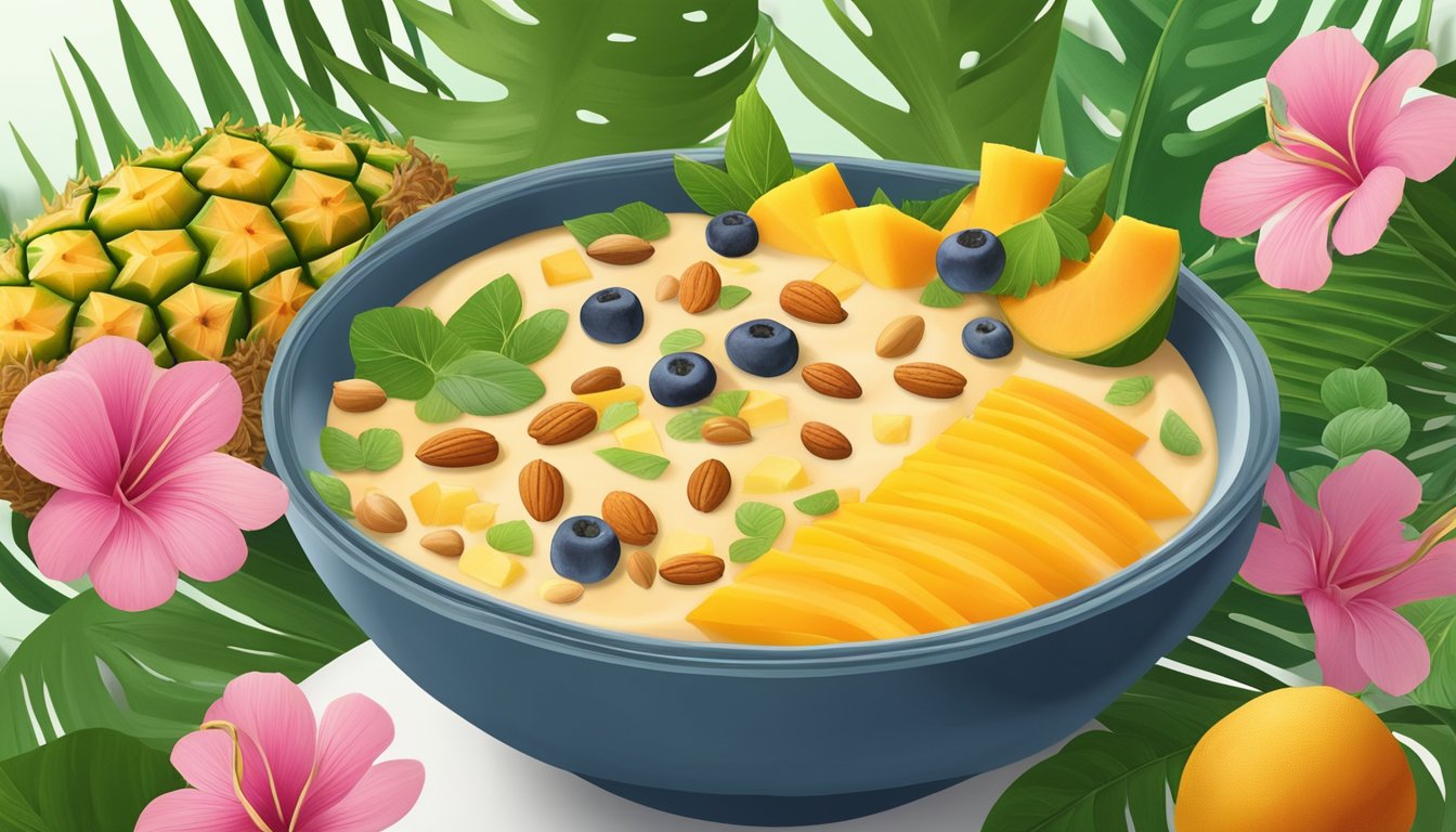 A vibrant papaya and pineapple smoothie bowl surrounded by tropical fruits and nuts, set against a backdrop of lush green foliage and bright flowers