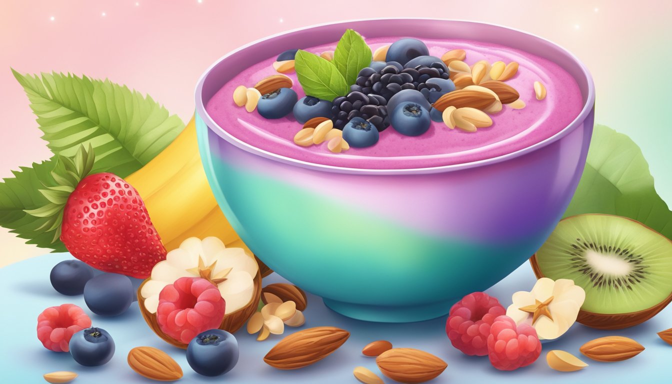 A colorful bowl filled with vanilla and berry smoothie topped with fresh fruit, nuts, and seeds, set against a bright, clean background