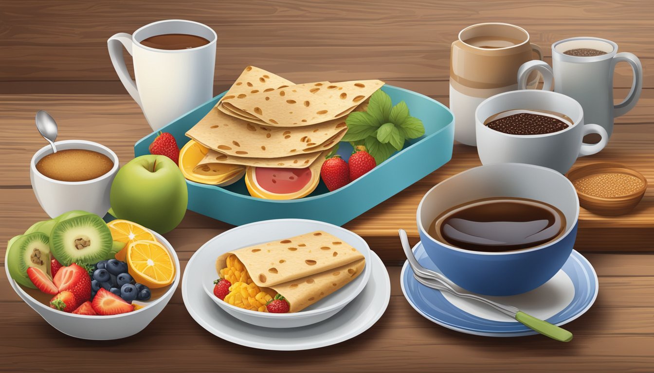 A colorful array of breakfast wraps featuring whole grains and diabetic-friendly ingredients, arranged on a rustic wooden table with fresh fruit and a steaming cup of coffee