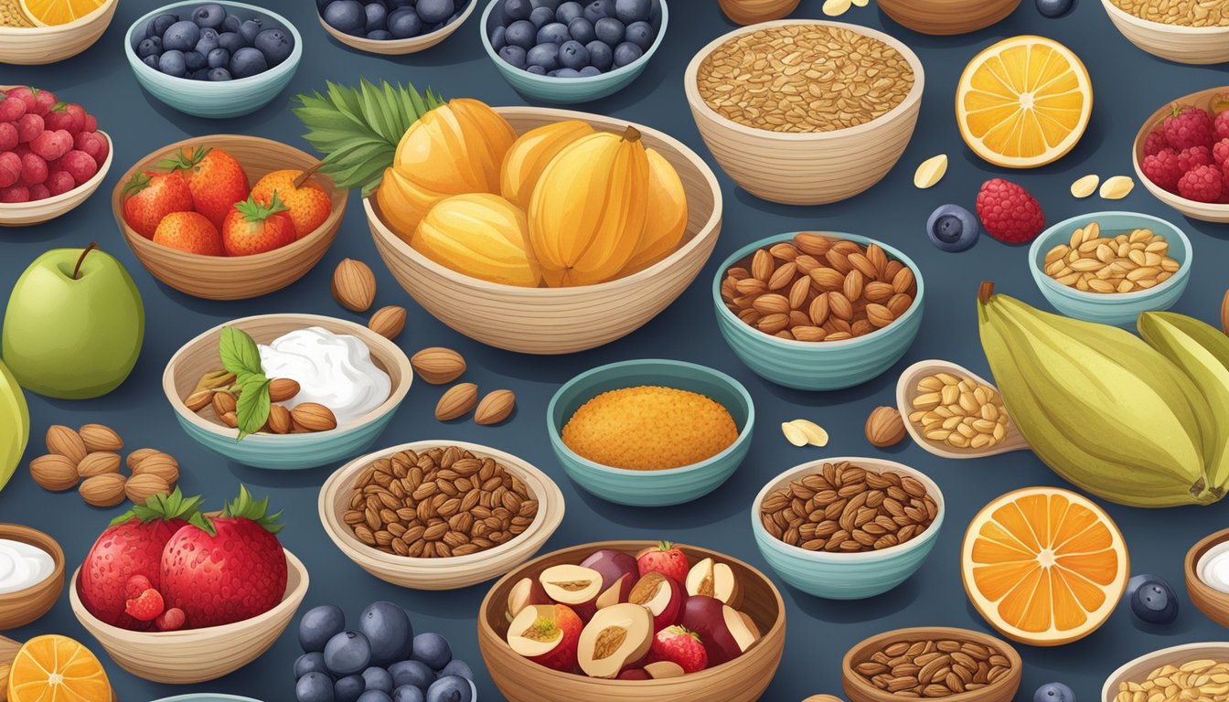 A colorful array of fresh fruits, nuts, and grains arranged in decorative bowls, with a variety of healthy ingredients like oats, yogurt, and seeds