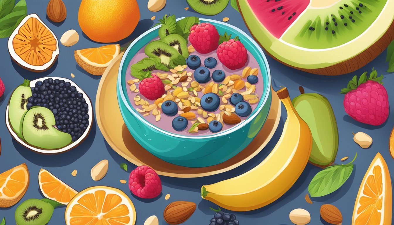 A colorful array of fresh fruits, nuts, and seeds arranged around a vibrant smoothie bowl, with a spoon placed next to it