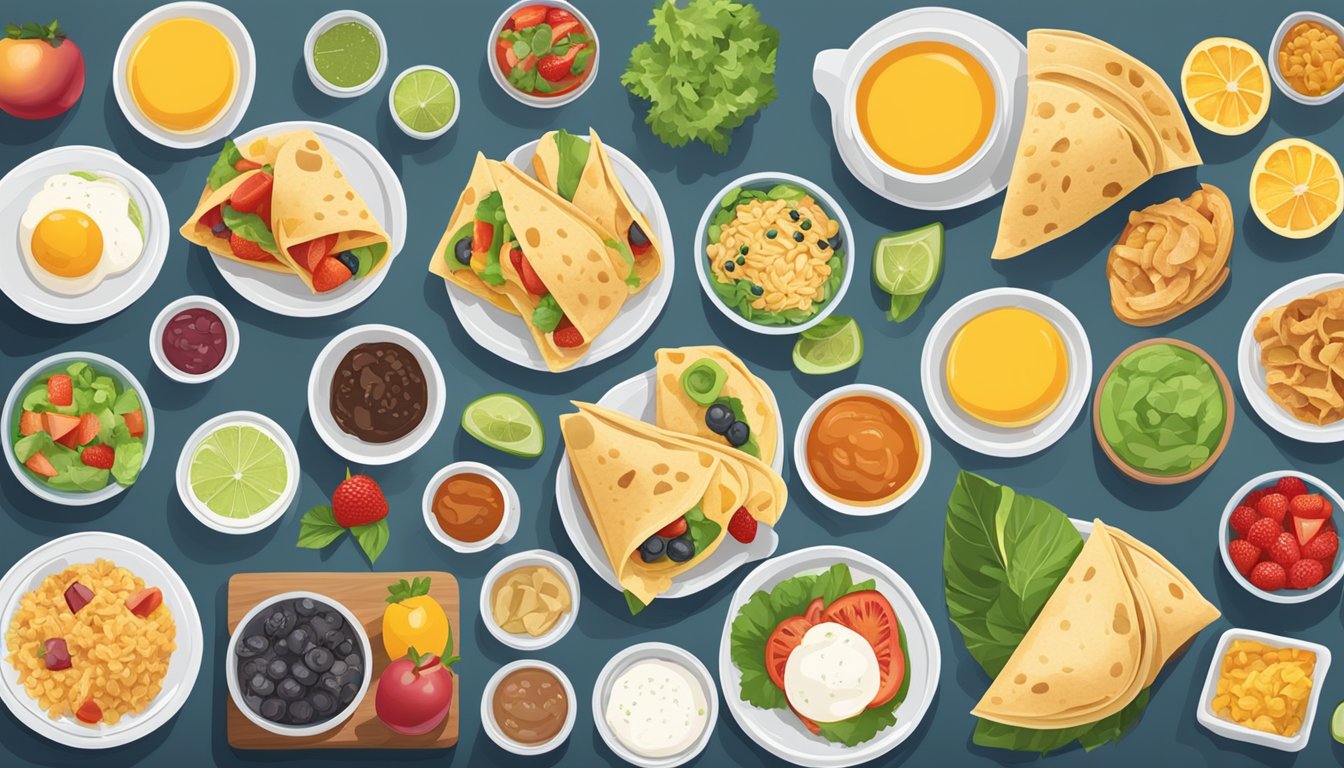 A table set with a variety of colorful and neatly arranged breakfast wraps, each portioned and labeled with diabetic-friendly ingredients