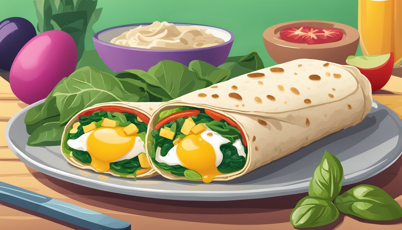 A colorful breakfast burrito filled with egg whites and spinach, surrounded by fresh ingredients and a vibrant backdrop