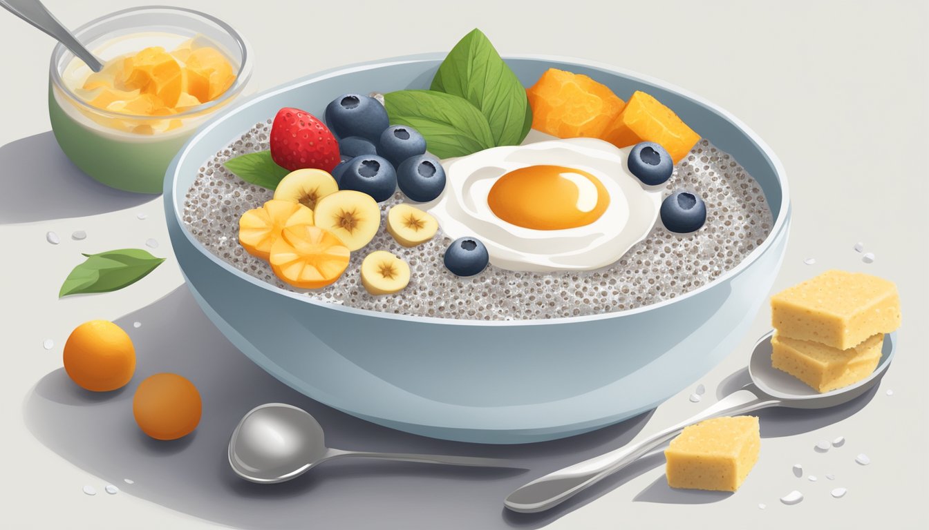 A bowl of chia seed pudding topped with coconut milk, surrounded by a variety of gluten-free breakfast items