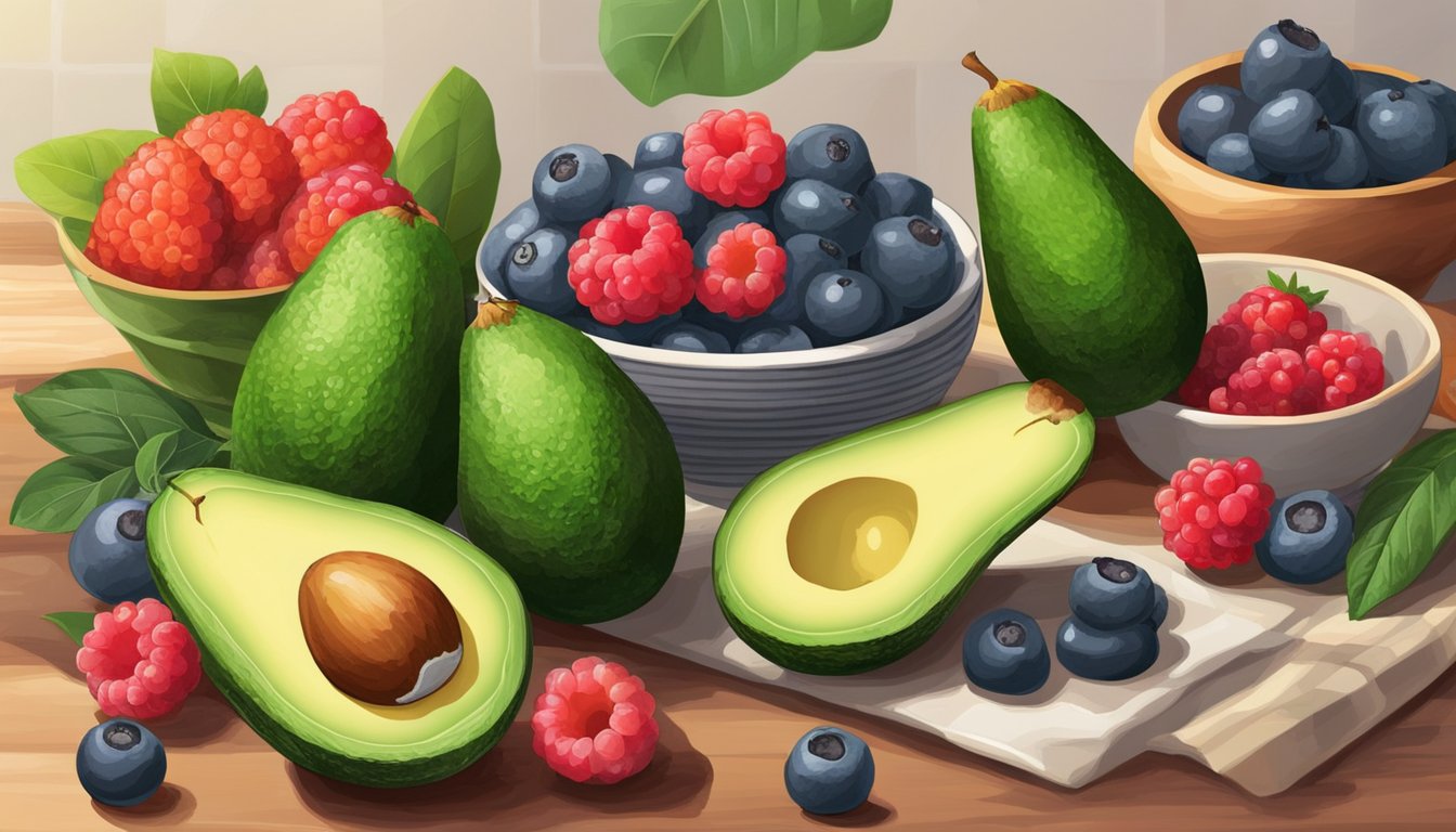 A colorful array of fresh avocados and assorted berries arranged on a kitchen counter, surrounded by various breakfast ingredients and utensils