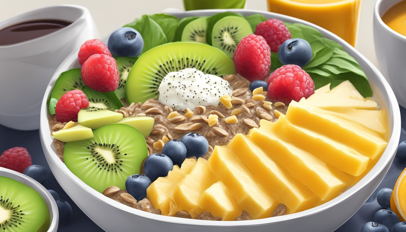 A vibrant smoothie bowl topped with sliced kiwi and spinach leaves, surrounded by a variety of gluten-free breakfast items