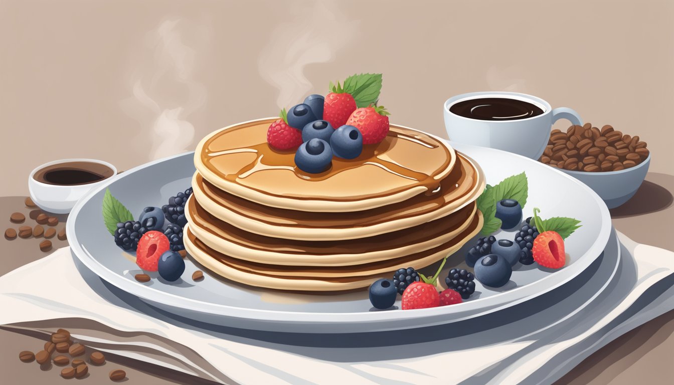 A plate of buckwheat pancakes topped with sugar-free syrup, surrounded by fresh berries and a steaming cup of coffee