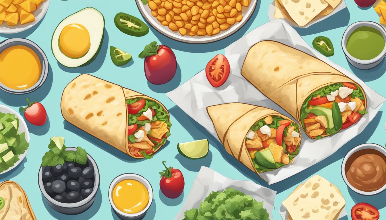 A colorful burrito filled with chicken, pepper jack cheese, and fresh ingredients, surrounded by other healthy breakfast options