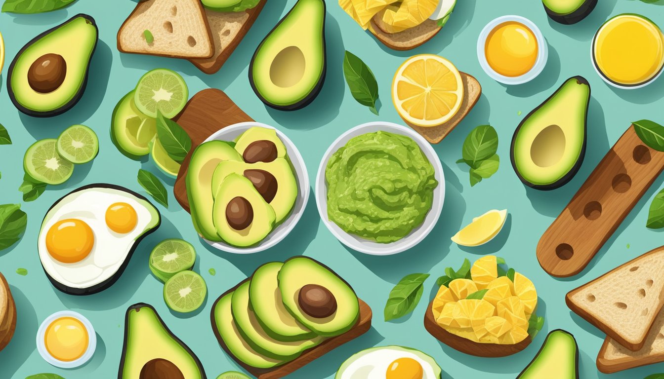 A colorful spread of sliced avocado, whole avocados, and various breakfast items such as toast, eggs, and smoothies arranged on a table