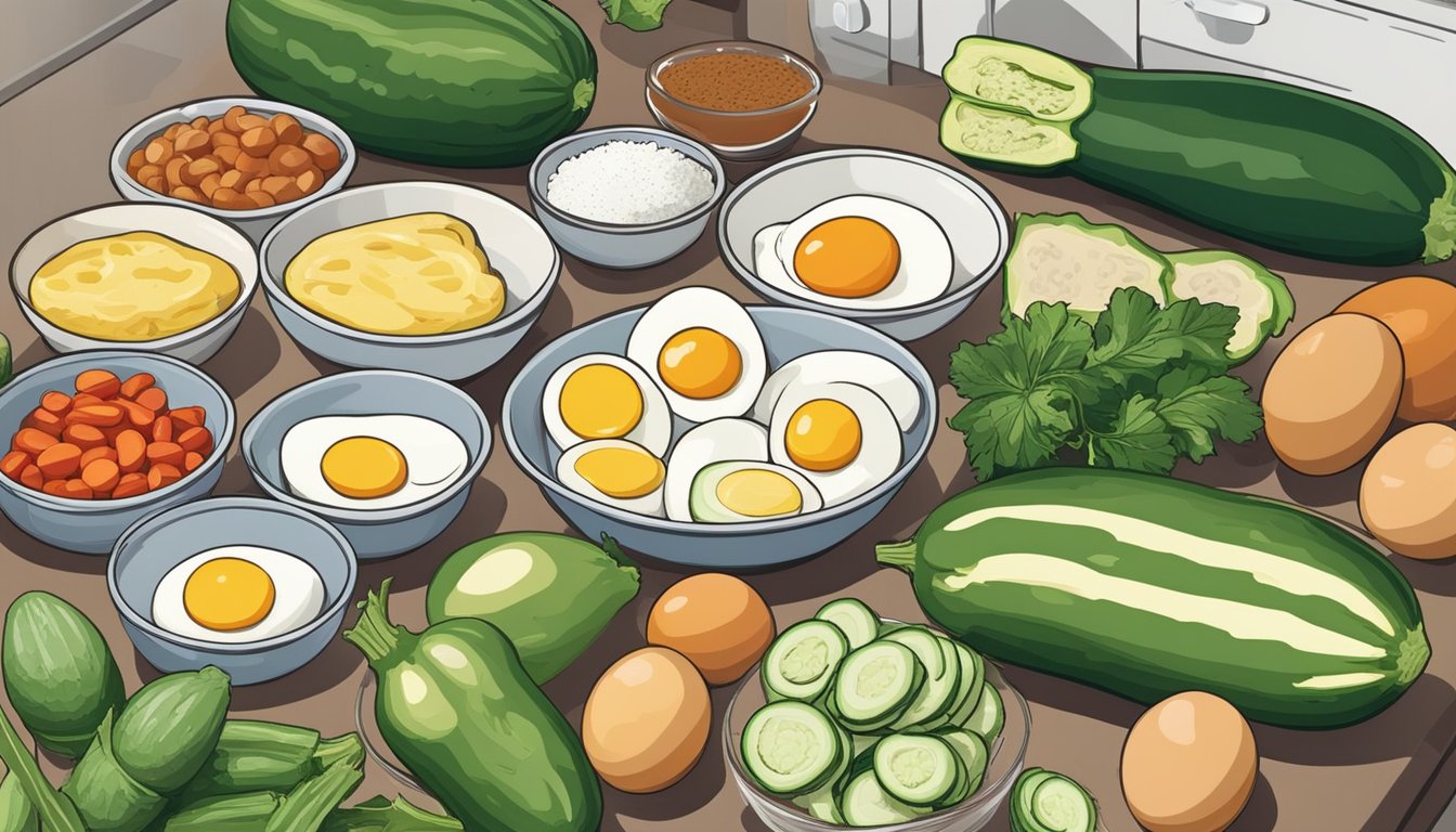 A colorful array of fresh zucchinis, eggs, and other ingredients arranged on a kitchen counter, ready to be cooked into a delicious breakfast burrito