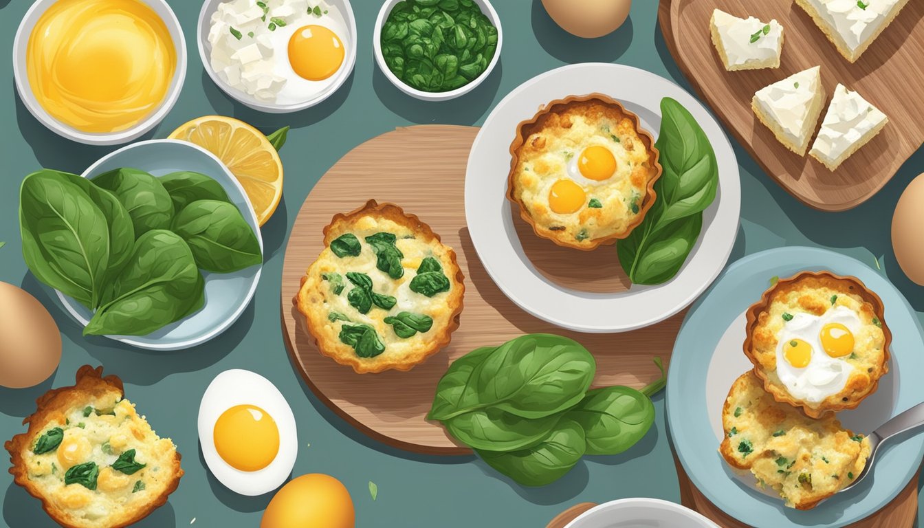 A colorful array of egg muffins filled with spinach and feta, surrounded by various gluten-free breakfast items