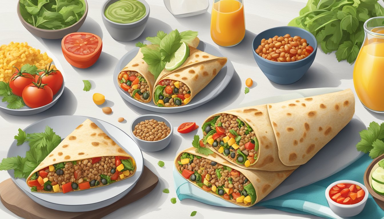 A colorful breakfast wrap filled with lentils, tomatoes, and other fresh ingredients, surrounded by a variety of diabetic-friendly breakfast burrito recipes