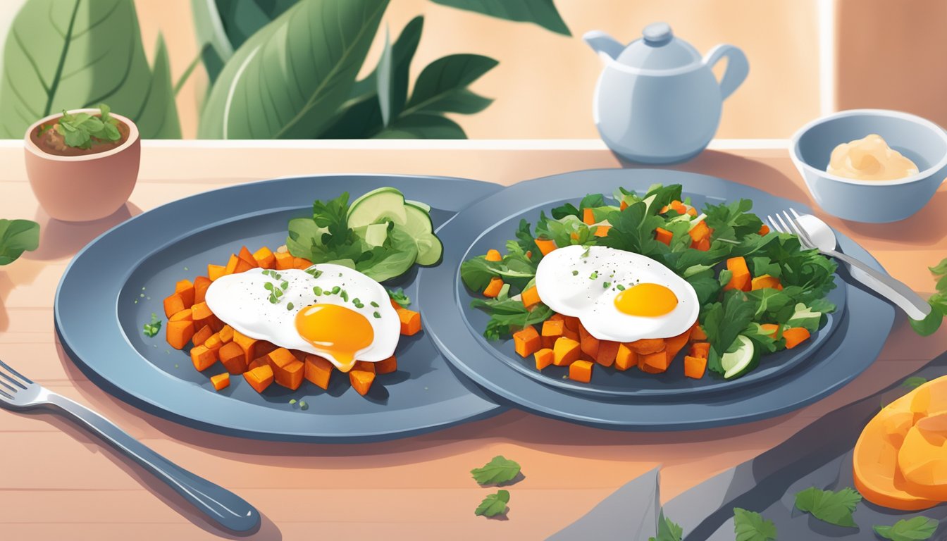 A colorful plate of sweet potato hash topped with a perfectly poached egg, surrounded by fresh ingredients and a warm, inviting atmosphere