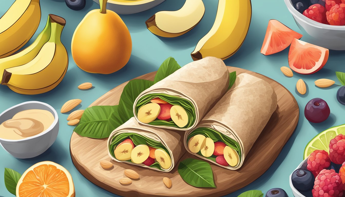 A gluten-free wrap filled with sliced bananas and almond butter, surrounded by a variety of colorful fruits and a glass of fresh juice