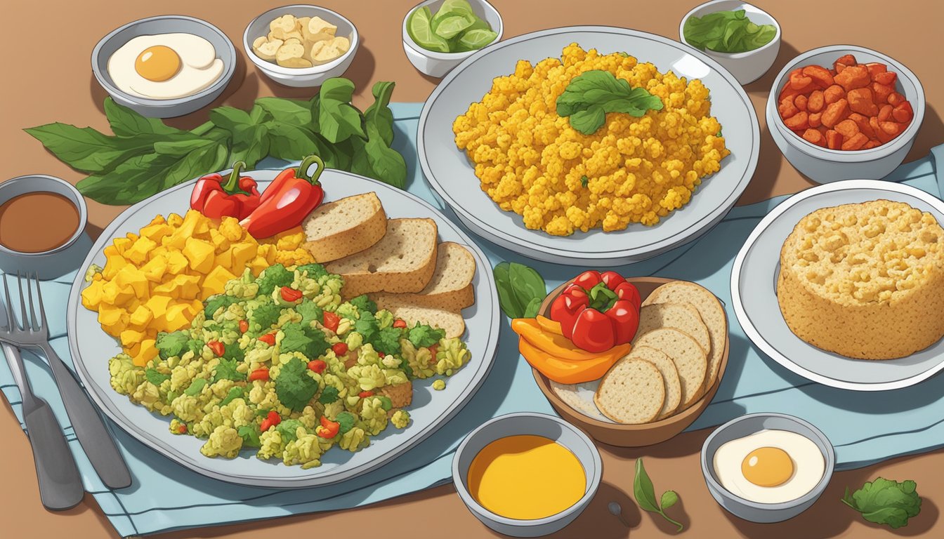 A colorful plate of tofu scramble with bell peppers surrounded by a variety of gluten-free breakfast items