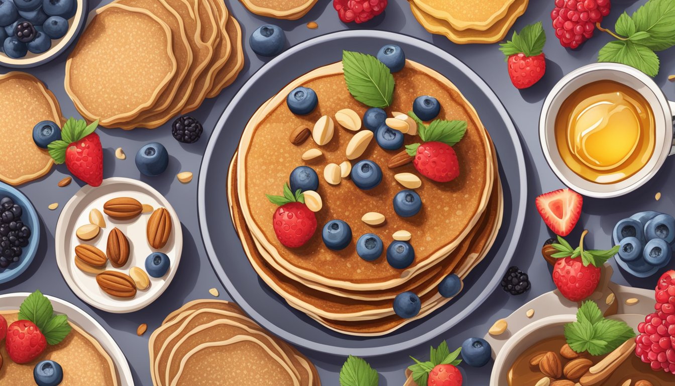 A colorful array of whole wheat berry pancakes surrounded by an assortment of fresh berries, nuts, and honey, ready to be enjoyed for a diabetic breakfast