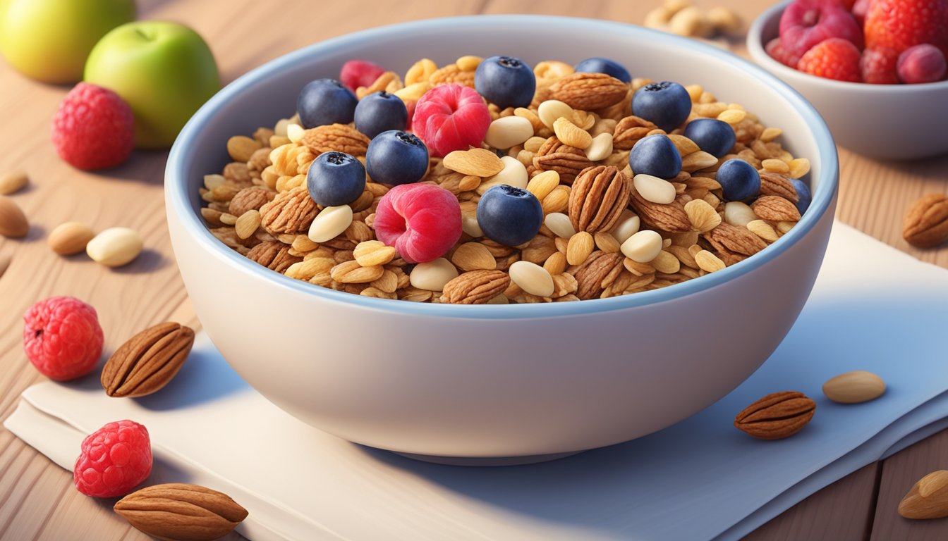 A bowl of gluten-free granola with skim milk sits on a wooden table, surrounded by a variety of colorful fruits and nuts