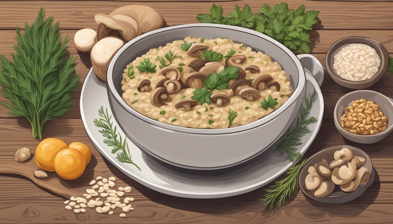 A bowl of savory oatmeal with mushrooms and herbs, surrounded by ingredients like oats, mushrooms, and herbs on a wooden table