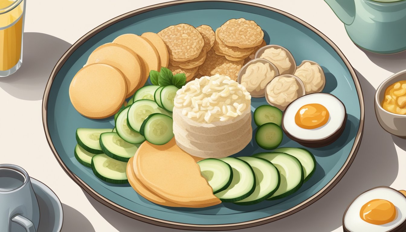 A plate of rice cakes topped with hummus and sliced cucumber, surrounded by other gluten-free breakfast items