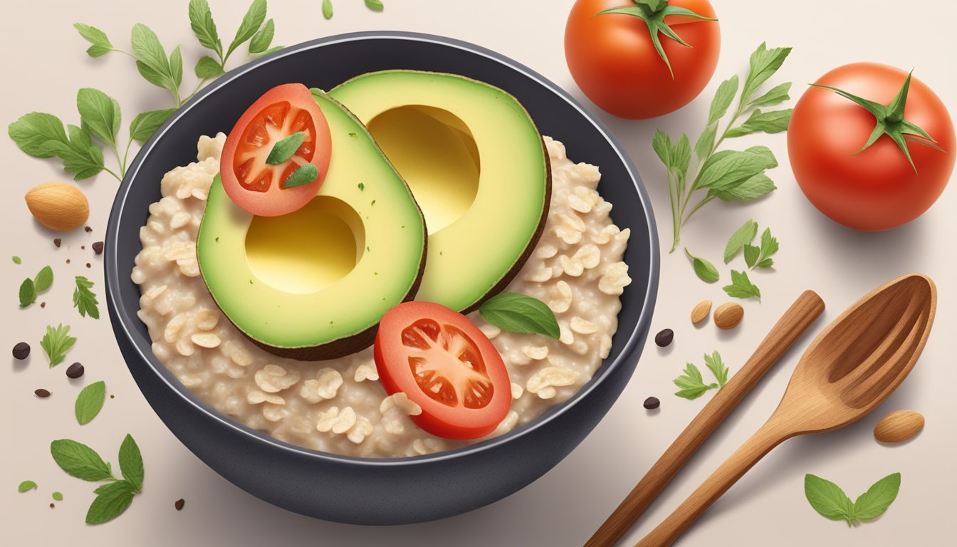 A bowl of oatmeal topped with sliced avocado and tomato, surrounded by ingredients like herbs and spices