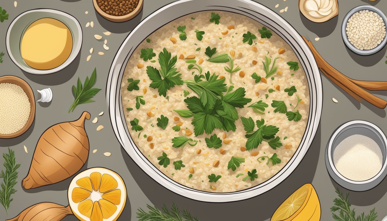 A bowl of savory oatmeal topped with garlic and parmesan, surrounded by various ingredients such as herbs, spices, and vegetables