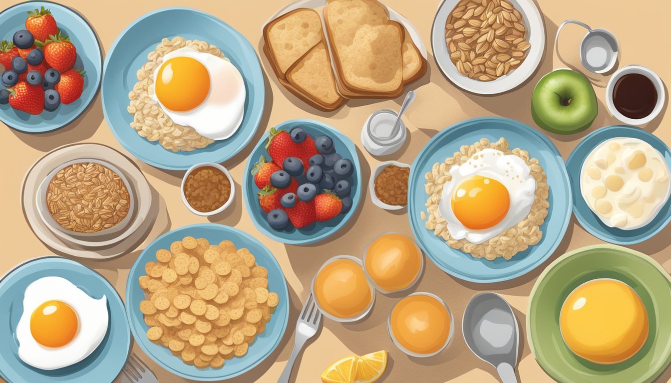 A table set with a variety of gluten-free breakfast options, such as eggs, fruits, yogurt, and oatmeal, with a focus on diabetic-friendly choices