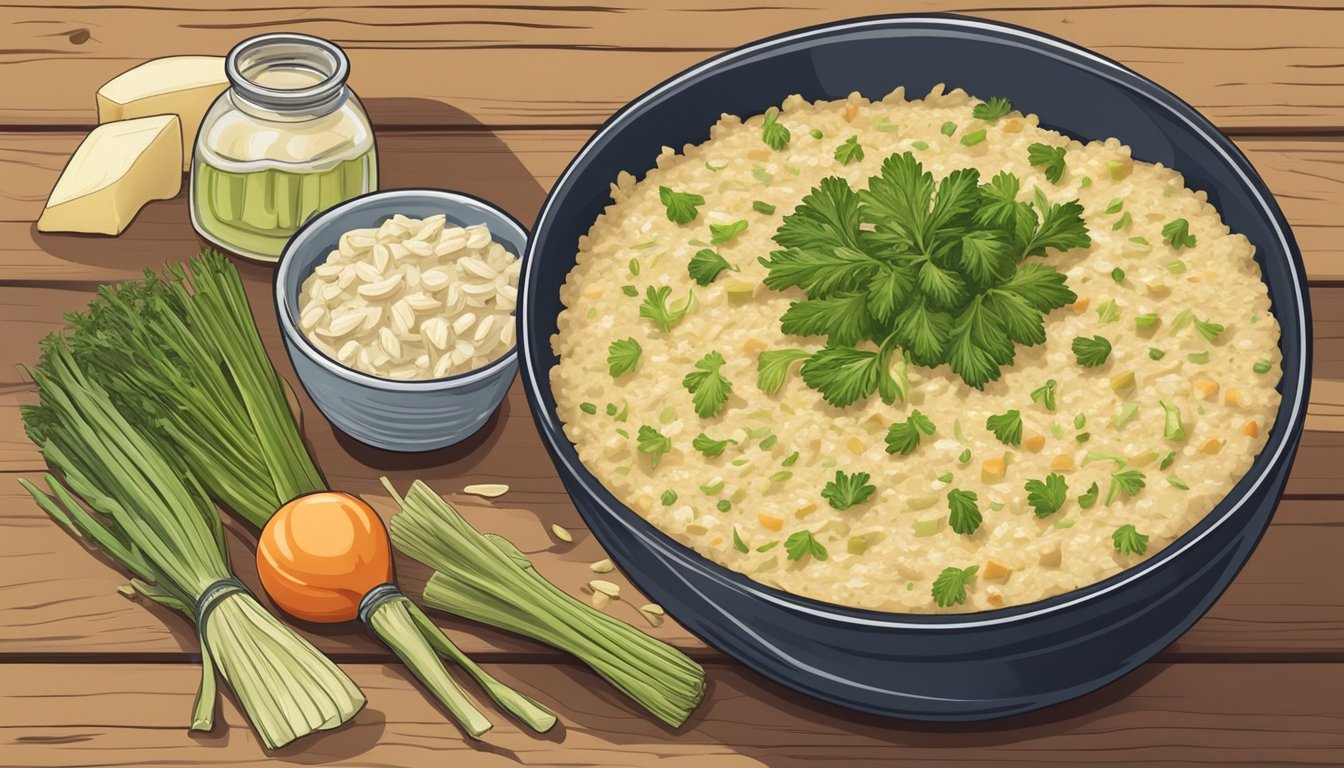 A bowl of savory oatmeal with leeks and gruyere cheese, surrounded by fresh ingredients like herbs and vegetables, on a rustic wooden table