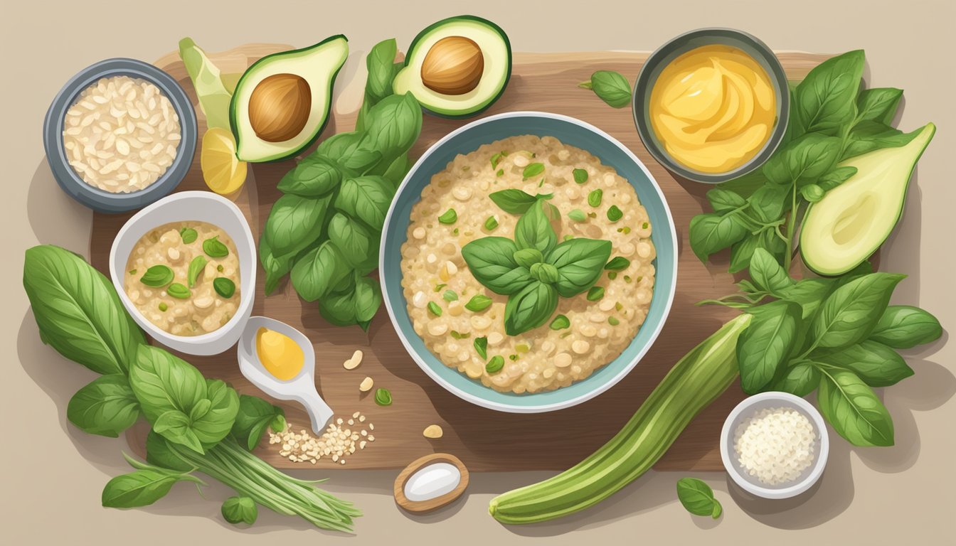 A bowl of savory oatmeal with zucchini and basil, surrounded by fresh ingredients and a warm, inviting atmosphere