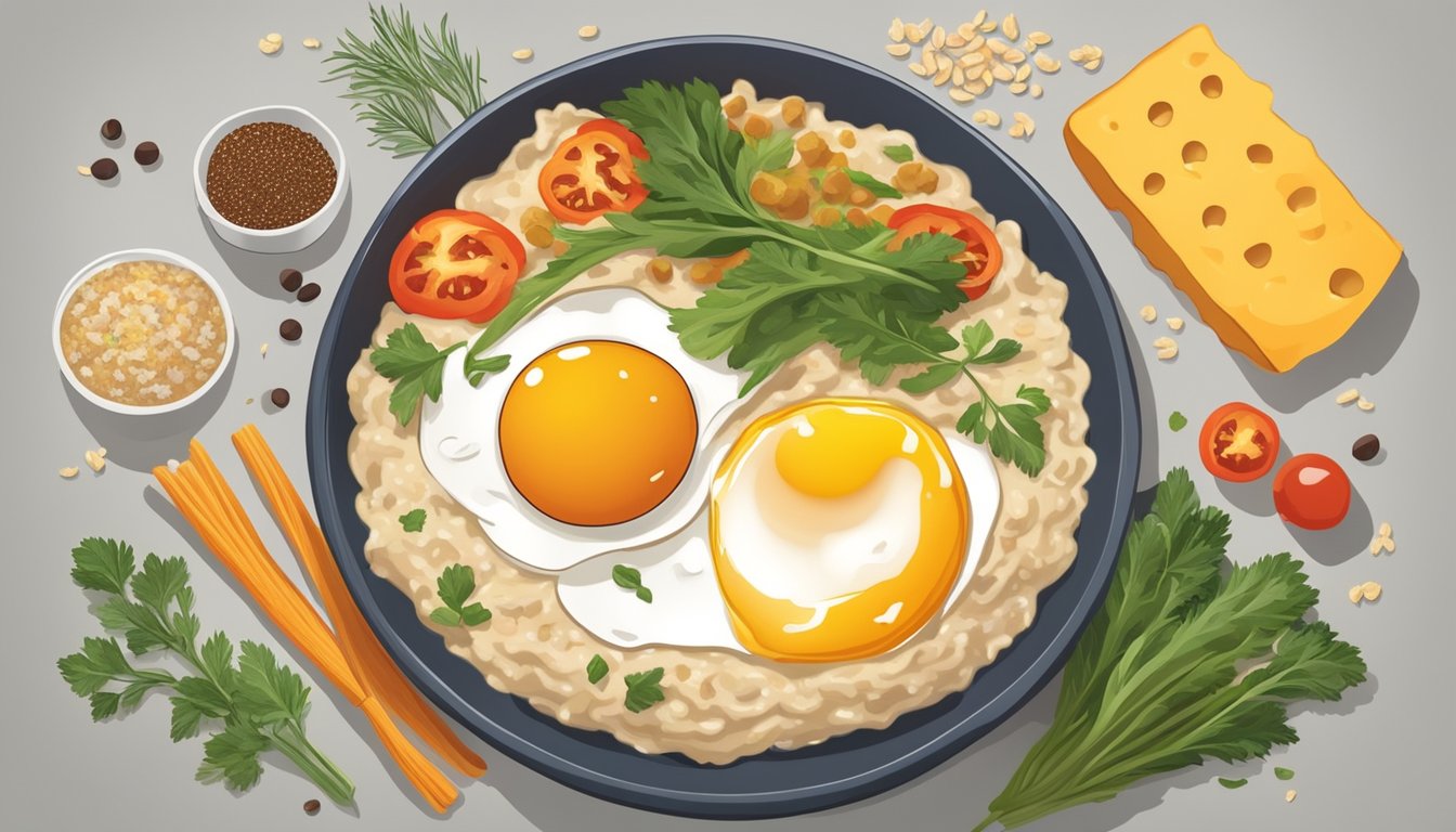 A bowl of oatmeal topped with a fried egg and melted cheddar, surrounded by various savory ingredients such as herbs, spices, and vegetables