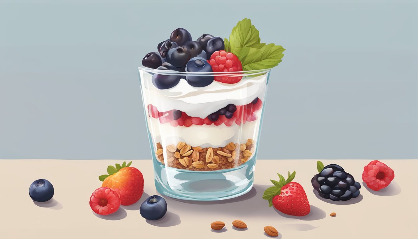 A glass parfait dish filled with layers of cottage cheese, berries, and granola, topped with a dollop of yogurt and a sprinkle of nuts